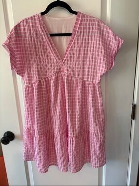 SHEIN Pink Gingham Short Sleeve Tiered Dress - Preppy Gingham, Spring - sz S